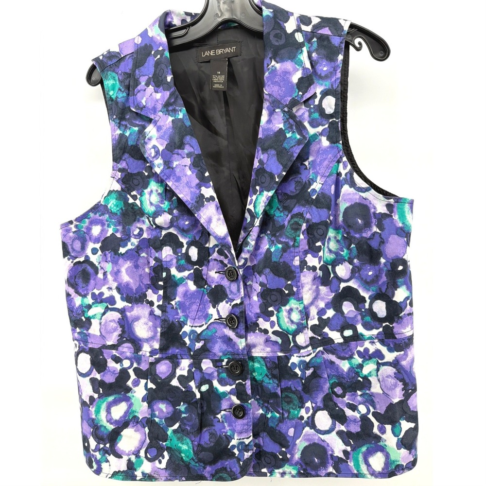 Lane Bryant Floral Blazer Vest Womens 18 Purple Teal Sleeveless Peplum Lined